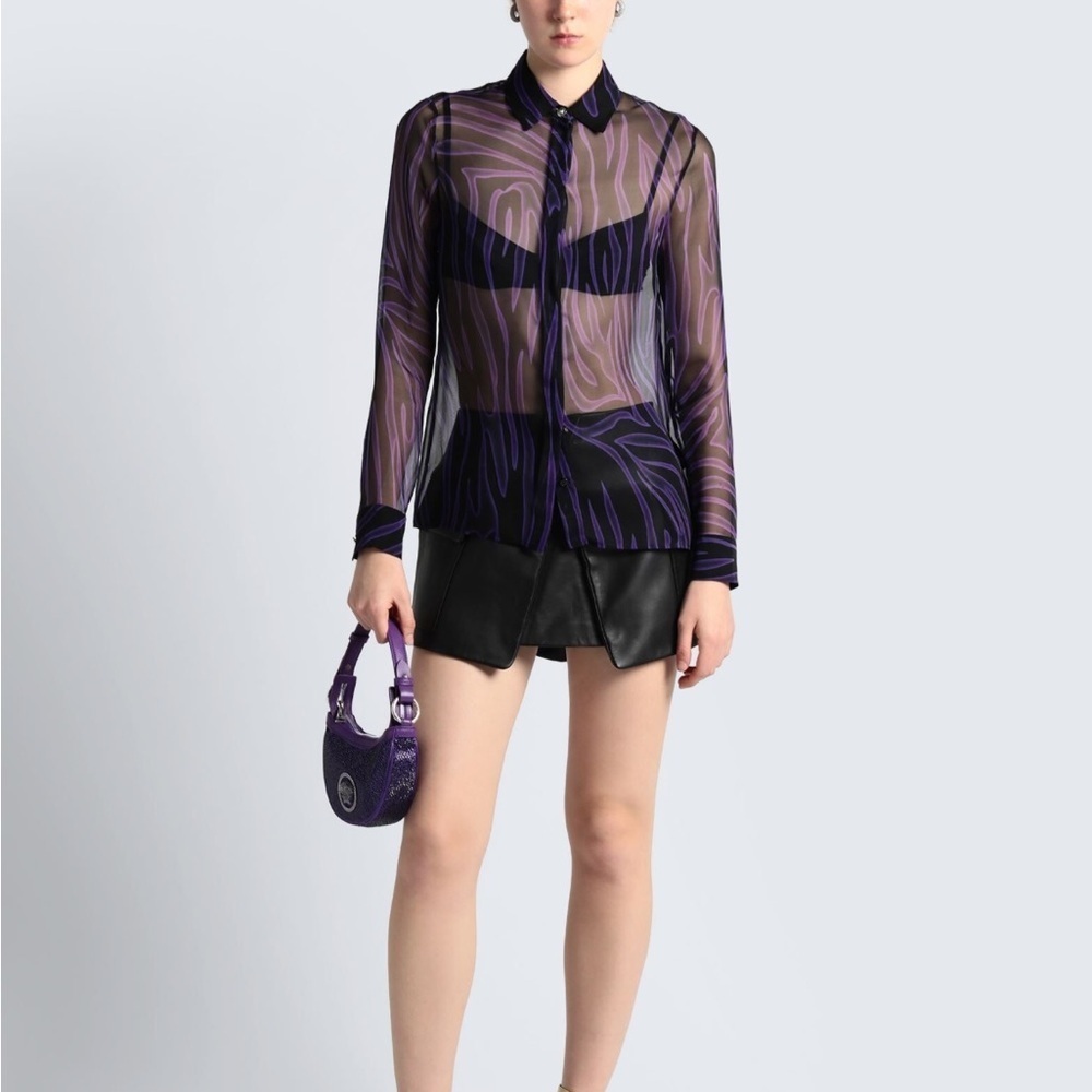 VERSACE Printed Silk Chiffon Shirt Black Orchid Purple Button Down Shirt Size 10 - Picture 2 of 14